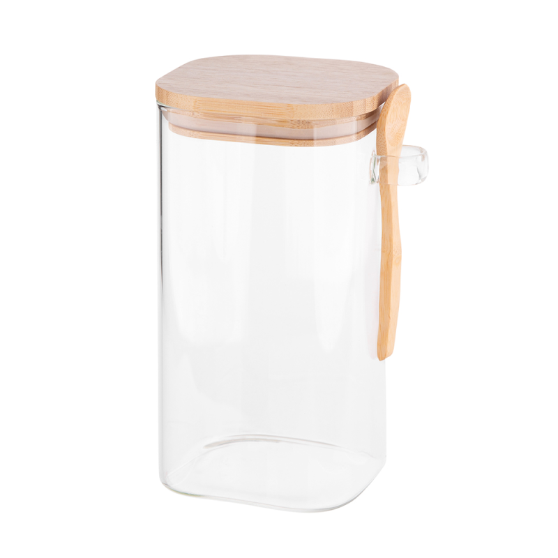 Altom Design BOROSILIKAT KVADRATNI SPREMNIK 1200ML S POKLOPCEM OD BAMBUSA I ŽLICOM ( 0203018433 ) - EOL