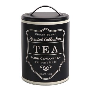 Altom Design okrugla limenka 11×16,5 cm crna dekor Tea – 0204018363 – EOL