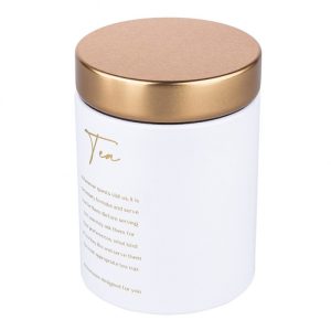 Altom Design okrugla bijela mat limenka sa zlatnim poklopcem 11x11x15 cm dekor  Tea – 0204018431 – EOL