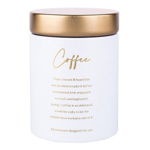 Altom Design okrugla bijela mat limenka sa zlatnim poklopcem 11x11x15 cm dekor  Coffee – 0204018433 – EOL